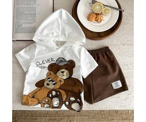 Baby Jungen Baby Mädchen Cartoon Bär Muster Kapuzen Kurzarm Sweatshirt mit Dekoration Abzeichen und lässige Shorts 2 Stück/Set
