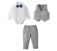 Baby Jungen Bekleidungsset Anzug, Kleinkind Gentleman Langarm Strampler Hemd + Hose + Weste + Fliege Festliche Taufe Hochzeit (Grau, 9-12 Monate)