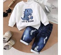 Baby Jungen Buchstaben Cartoon Muster Rundhals Langarm Sweatshirt und Hose Lässig Rennwagen Rennauto Alltag Fitness Schule Outfit Herbst Weiß Dunkelbl