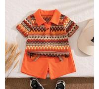 Baby Jungen Burnt Orange Sommer Boho Urlaubs Outfit,Texturiertes geometrisches Muster Polohemd und Shorts Set,Retro Streetwear Lässig Kurzarm Kleidung
