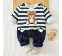 Baby Jungen Cartoon 3D Plüsch Bär Muster gestreift süß lässig gestrickt weich Rundhals Langarm Pullover Sweatshirt und elastischer Bund lange Hose 2-t