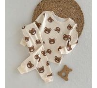 Baby Jungen Cartoon Bär Muster weicher Strick Rundhals Langarm Top und Hose mit elastischem Bund 2-teiliges Pyjama Set