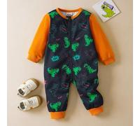 Baby Jungen Cartoon grüner Dinosaurier Muster Farbblock Reißverschluss Langarm Jumpsuit