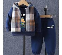 Baby Jungen Cartoon Muster Kapuzen-Karo-Jacke und Rundhals Langarm Sweatshirt, Hose