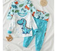 Baby Jungen Cartoon Tier Muster Strick Rundhals Langarm Top und Elastische Taille Lang Hose 2-teiliges Pyjama Set