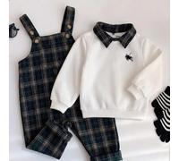 Baby Jungen Fleece gefütterter dicker weißer Strickpullover mit abnehmbarem blauem Karokragen, bequem vielseitig modisch täglicher süßer lässiger mini