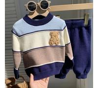 Baby Jungen gestreifter Farbblock Rundhals Pullover Strickpullover und einfarbige lange Herbsthose Set