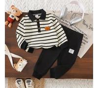 Baby Jungen Herbst/Winter 2 Stücke Set Schwarz & Weiß gestreifter Strickpullover mit Polokragen und schwarzer Jogginghose mit elastischem Bund und Bün