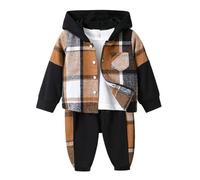 Baby Jungen Kariertes Kapuzenhemd+Jogginghose 2Pcs Trainingsanzug Set | Kleinkinder Outfit für Herbst Winter, Knopfverschluss Langarm Hoodie Kapuzenjacke, Freizeit Hosen Bekleidungsset, Brusttasche