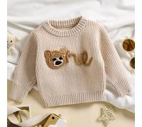 Baby Jungen klassisch lässig süß modisch Cartoon bestickter Strickpullover, Herbst/Winter Feiertag Beige Pullover