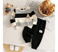 Baby Jungen Kontrast Streifen Bär Stickerei Sweatshirt & Hose Set, Baby Jungen Zweiteiler Set, Baby Jungen Lässig Set, Baby Jungen Kleidung Herbst Win