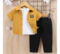 Baby Jungen Kurzarm-Top Mit Dekorativem Abzeichen, Umlegekragen Und Hose Einfarbig, 2 Stücke Outfit
