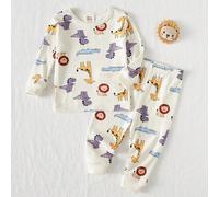 Baby Jungen Kuschel-Pyjama Set, Cartoon Dinosaurier Muster, weicher Strick Rundhals Langarm-Top und Hose mit Gummibund