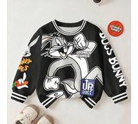 Baby Jungen Lässig Mode Straßen Cartoon Hase & Buchstaben Muster Kontrast Gestreifter Saum Thermisch Gefüttert Warmer Sweatshirt, Herbst/Winter