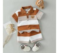 Baby Jungen Lässig Niedliches Bär Stickerei Abzeichen Asymmetrisch Gestreift Kurzarm Polohemd und Shorts Set, geeignet für den Sommer