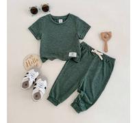 Baby Jungen/Mädchen 2-teiliges Set: Weiches, dehnbares Strick-Kurzarm-Rundhals-Pullover-Top mit dekorativem Patch und passender Hose mit elastischem B