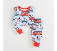 Baby Jungen/Mädchen Cartoon Auto Muster weicher Strick Rundhals Langarm Top und elastischer Bund Lange Hose 2-teiliges Pyjama Set mit engem Sitz