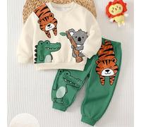 Baby Jungen Rundhals Langarm Sweatshirt und Hose Lässig Bequemes Set, Klassisch Niedlich Cartoon Handgezeichnet Tier Muster, Klassisch Niedlich Cartoo