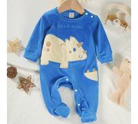 Baby-Jungen Säuglings-Jumpsuit aus Samt mit blauer Stickerei eines niedlichen Nashorns, Langarm-Schlafanzug