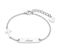 Baby Kind Armband mit Gravur Edelstahl Personalisierte Armbänder Tochter|Gravierbare Kinderarmkette|Taufarmband Junge Mädel| Kreuz Charme Name Babyarmband Taufgeschenke（Silber）