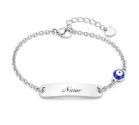 Baby Kind Armband mit Gravur Edelstahl Personalisierte Armbänder Tochter|Gravierbare Kinderarmkette|Taufarmband Junge Mädel| Böser Blick Charme Name Babyarmband Taufgeschenke（Silber）