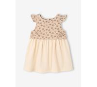 Baby Kleid, Materialmix aus Leo-Musselin & Crinkle-Jersey vanille Gr. 74 von vertbaudet