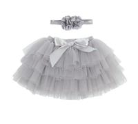 Baby Kleinkind Mädchen Tutu Rock Prinzessin Rock Mini Tiered Super Soft Tüllrock 0-6 Monate Elastische Taille Ballett Tanzrock mit Windelüberzug + Stirnband, Grau S