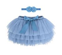 Baby Kleinkind Mädchen Tutu Rock Prinzessin Rock Mini Tiered Super Soft Tüllrock 6-12 Monate Elastische Taille Ballett Tanzrock mit Windelüberzug + Stirnband, Staubiges Blau M