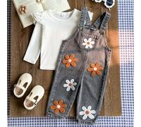 Baby/Kleinkind Unisex 0-3J Frühling/Herbst Floral bestickte Jeans Hose, Rundhals Langarm Top & Jeans Latzhose Set, geeignet für Outdoor, Einkaufen, Lä