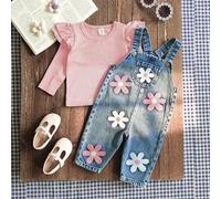 Baby/Kleinkind Unisex 0-3J Frühling/Herbst Floral bestickte Jeans Hose, Rundhals Langarm Top & Jeans Latzhose Set, geeignet für Outdoor, Einkaufen, Lä