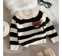 Baby/Kleinkind Unisex Schwarz & Weiß gestreifter Strickpullover mit süßem 3D Bären Motiv, weich & bequem, Lässig Pullover geeignet für Innen, Außen, A