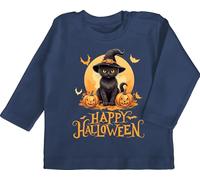 Baby Langarmshirt - Babys - Happy Halloween Katze Hexenhut Lustig Katzenliebhaber Cat - 12/18 Monate - Navy Blau - Outfit Horror Katzen Shirt Haloween t-Shirt Helloween Langarm halloeween Tshirt