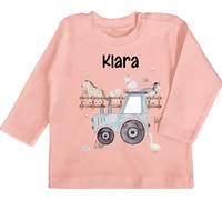 Baby Langarmshirt - Bauernhof Traktor Tiere mit Namen Landwirtschaftlicher Tiermotiv Bauernhoftieren - 3/6 Monate - Babyrosa - Traktoren Kuh trecker traktormotiv Bulldog und Name Landwirtschaft