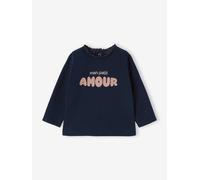 Baby Langarmshirt mit Herz & Leo-Print, Spitze am Ausschnitt, Bio-Baumwolle blau Gr. 74 von Vertbaudet