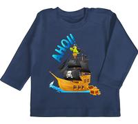 Baby Langarmshirt - Pirat - Piratenschiff AHOI Piraten Geschenk Piratenparty I Piratenkapitän Schiffsmotiv Seeräuber Geschenkidee Jungs - 12/18 Monate - Navy Blau - Pirate Motiv Tshirt Kinder