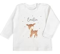 Baby Langarmshirt - Süßes REH mit Namen personalisiert I - 12/18 Monate - Weiß - rehkitz Name Tshirt Tier Waldtiere Tiere tiermotiv Tieren Kindergarten personalisierte Kinder Geschenke
