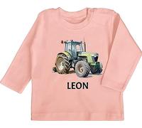 Baby Langarmshirt - Trecker Name I Trecker Fan I Traktor Geschenk personalisiert I Geschenk Landwirt - 12/18 Monate - Babyrosa - Traktoren Leon Babykleidung Bulldog Bauer Shirt Landwirtschaft