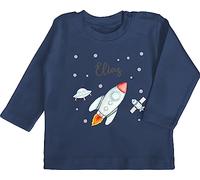 Baby Langarmshirt - Weltall - Rakete mit Name personalisiert I Flugrakete I Raumfahrt I Weltraum I Astronaut Geschenk - 18/24 Monate - Navy Blau - Planeten raketen Langarm NASA Astronauten Tshirt