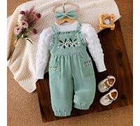 Baby Mädchen 3-teiliges Set lässiger Bekleidung, bestehend aus Langarm Shirts mit gestreiftem Einsatz, Latzhose mit Blumenstickerei und Taschen sowie