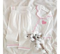 Baby Mädchen bequeme Baumwolle Langarm Strickjacke mit Herz Stickerei Tasche und Hose Homewear Set, süß und stylisch, Frühling/Herbst Baby Mädchen Pyj