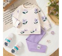 Baby Mädchen Blumen Muster gerippter Rundhals-Sweatshirt und gerippte Leggings 2-teiliges Outfit, bequem und modisch, Herbst/Winter