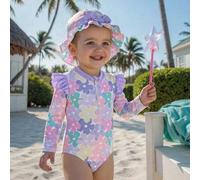 Baby Mädchen bunte lila & rosa süße Blumen Rüschen Langarm Badeanzug mit Hut, dehnbar & bequem für Sommerschwimmen