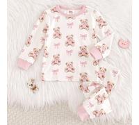 Baby Mädchen Cartoon Bär Muster Strick Rundhals Langarm Top und Leggings mit elastischem Bund 2-teiliges Pyjama Set