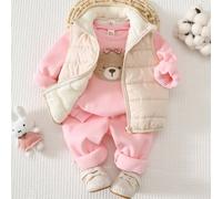 Baby Mädchen Cartoon Bären Muster 3D Schleife gestrickter weicher Rundhals Langarm Pullover Sweatshirt elastischer Bund lange Winterhose Plüsch Weste
