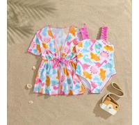 Baby Mädchen Cartoon Dinosaurier ärmelloses Strandkleidung Set mit Wickelkleid, Strand Urlaubsset