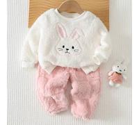 Baby Mädchen Cartoon Kaninchen besticktes Muster Plüsch weich Rundhals Langarm Pullover Sweatshirt elastischer Bund strukturiertes Cartoon Muster Buch