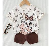 Baby Mädchen Cartoon Muster Strick Rundhals Kurzarm Top und Shorts mit elastischem Bund 2-teiliges Set
