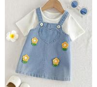 Baby Mädchen Denim Baby Mädchen süß 3D besticktes Denim Kleid, Blumen gewaschenes weiches Denim Latzkleid, Kinder Frühling/Sommer lässig Urlaub Landha