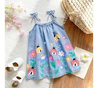 Baby Mädchen Denim Kleid, hellblau gewaschenes lässiges, weites Trägerkleid aus Jeans mit süßen Schmetterling-, Blumen- und Marienkäfer-Drucken, aus l