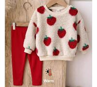 Baby Mädchen gestricktes Plüsch Muster Rundhals Lässig Sweatshirt und lange Herbsthose 2-teiliges Set Rot Weihnachten süß warm Winter flauschig bequem